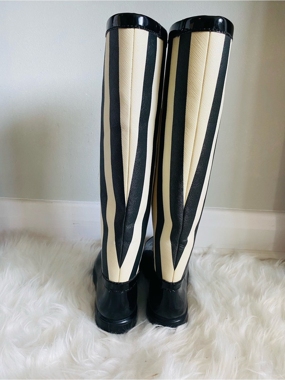 Dolce & Gabbana Wellington Knee High Black & Off White Striped Rain Boots - Picture 7 of 17
